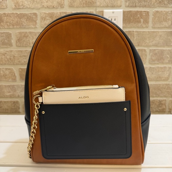 Aldo Faux Leather Black and Tan Color Block Backpack - Picture 2 of 7